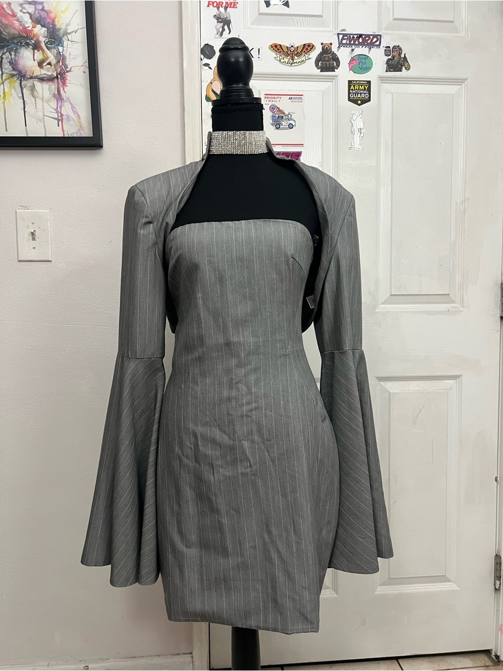 Fashion Nova Grey Pinstripe Strapless Sheath Dress with Bell-Sleeve Bolero